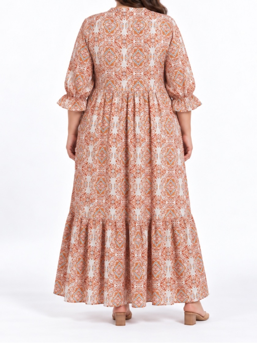 Boho Medallion Women’s Maxi Dress Tiered Balloon Sleeve Modest Autumn EUC 2X - Picture 2 of 6